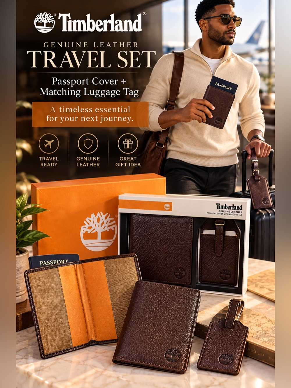 Timberland Brown Leather Passport Cover & Luggage Tag Set (N)